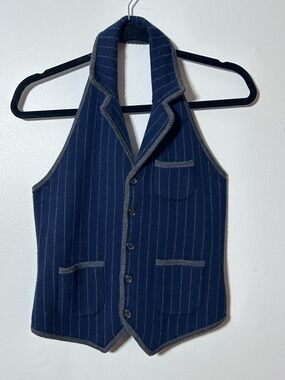 RARE Ralph Lauren Rugby 100% Merino Wool Women's Open Back Pinstriped Vest Sz S